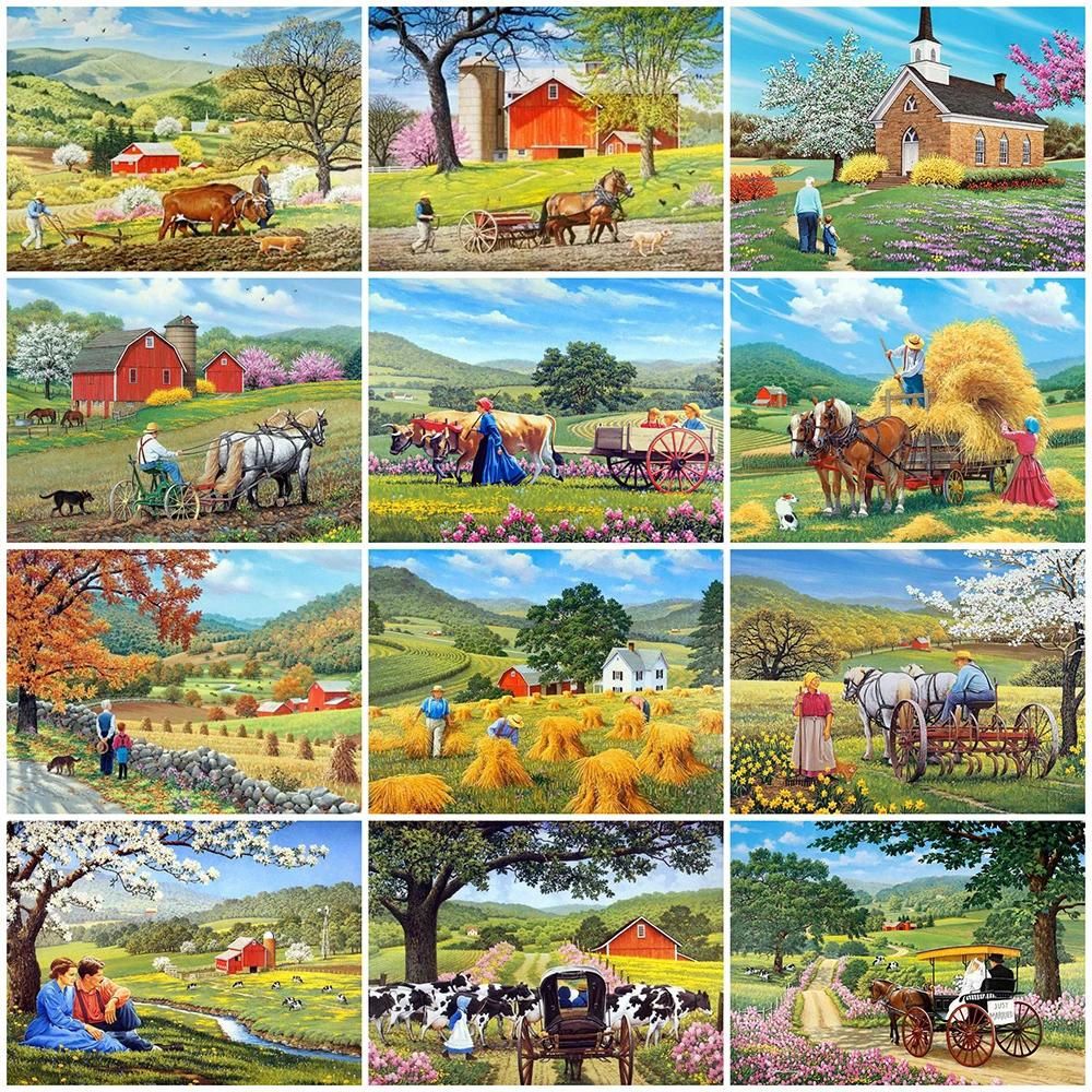 

5D DIY Diamond Painting Farm Village Scenery Embroidery Mosaic Picture Full Drill Cross Stitch Crafts Kit Living Room Decor Gift