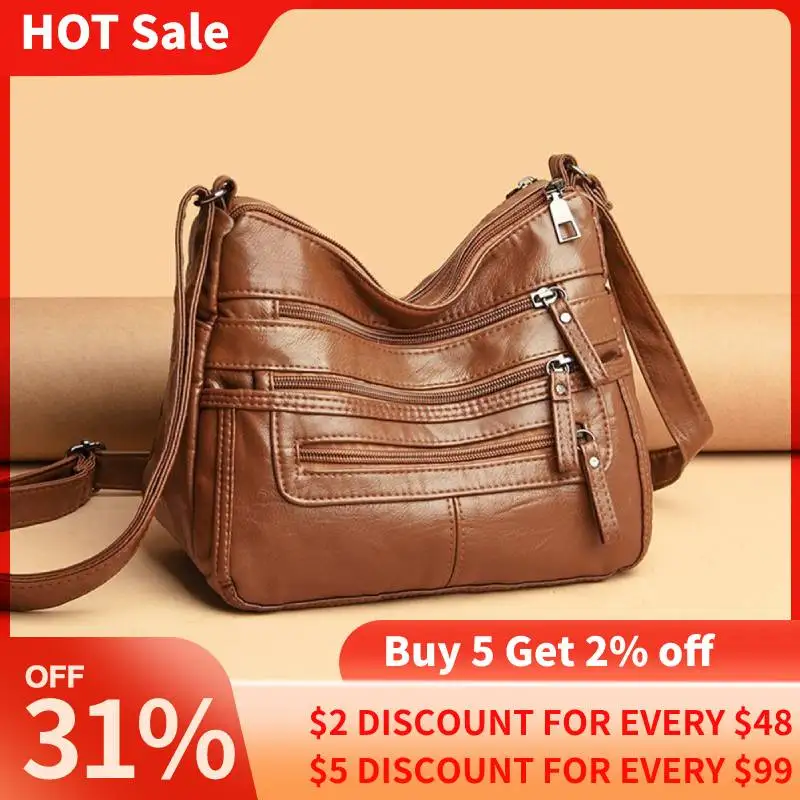 

Винтажная сумка на плечо для женщин, мягкий Многофункциональный мессенджер через плечо из мытой искусственной кожи, вместительный Дамский ...