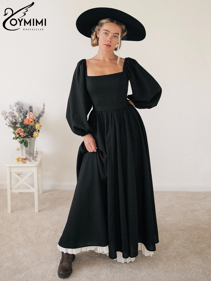 

Oymimi Casual Loose Black Women'S Dress Elegant Square Collar Puff Sleeve Ankle Length Dresses Fashion High Waist Pleated Dress