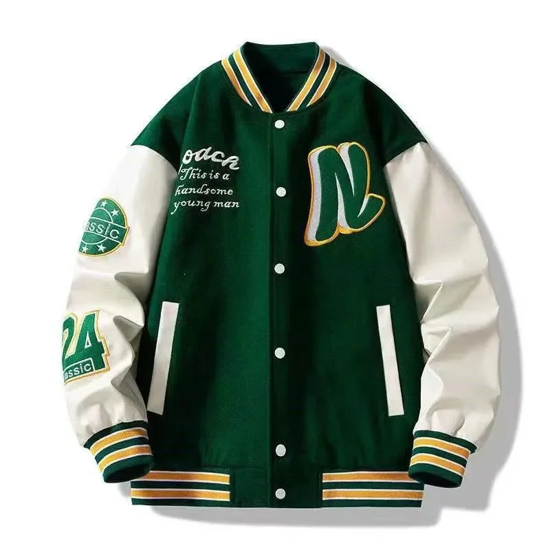 

Embroider Letters N Men Varsity Bomber Jacket Oversize Vintage Y2k Baseball Coats Women Leather Sleeve Green Autumn Outerwear
