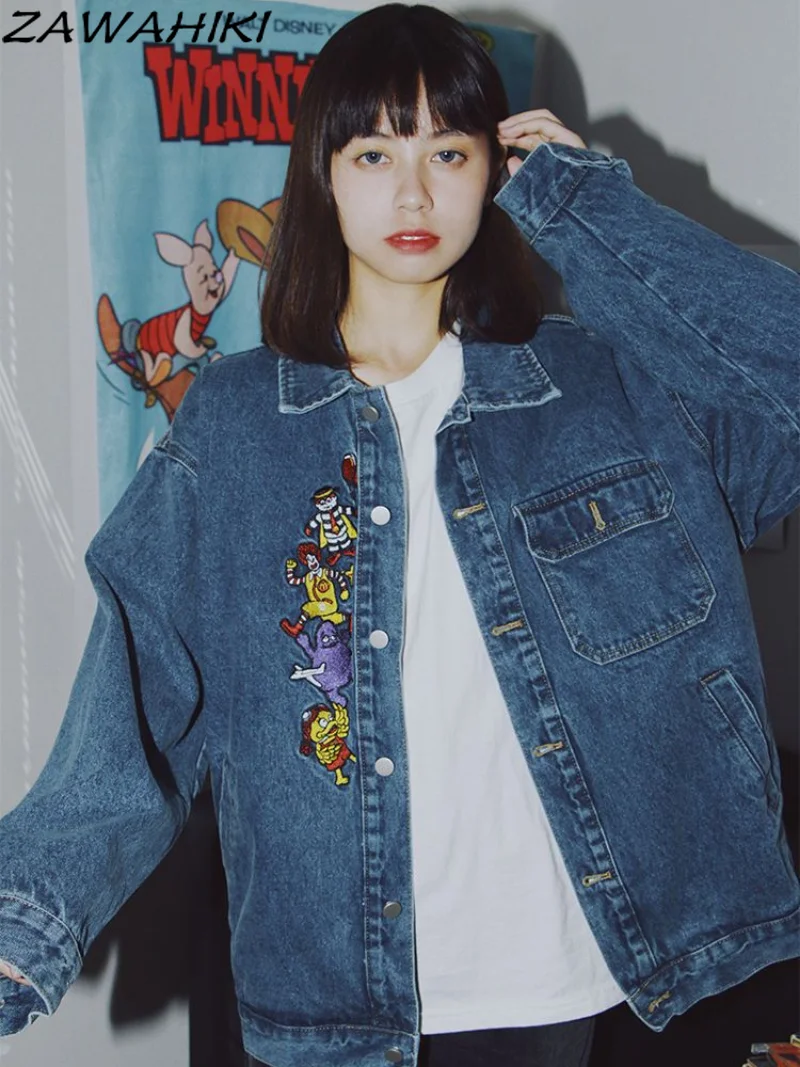 

Autumn Women Denim Jacket Long Sleeves Denim Coat Blue Button-up Turndown Collar Jeans Jacket Pocket Vintage Outerwear