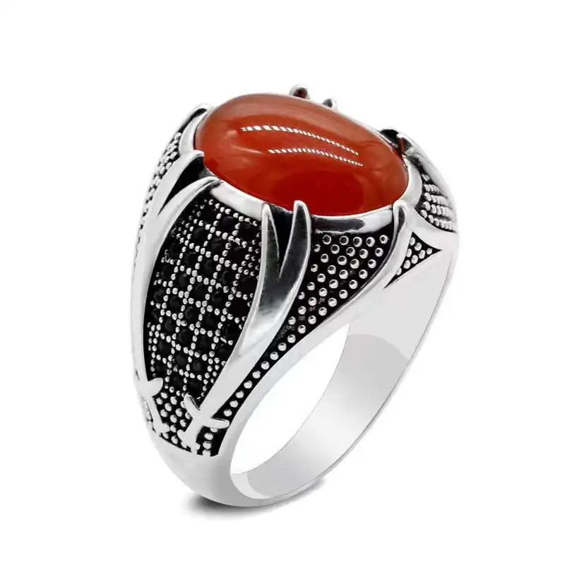 

New brother opal inlaid rhinestone ring men's special business punk style red black white moonstone ring size 6-13