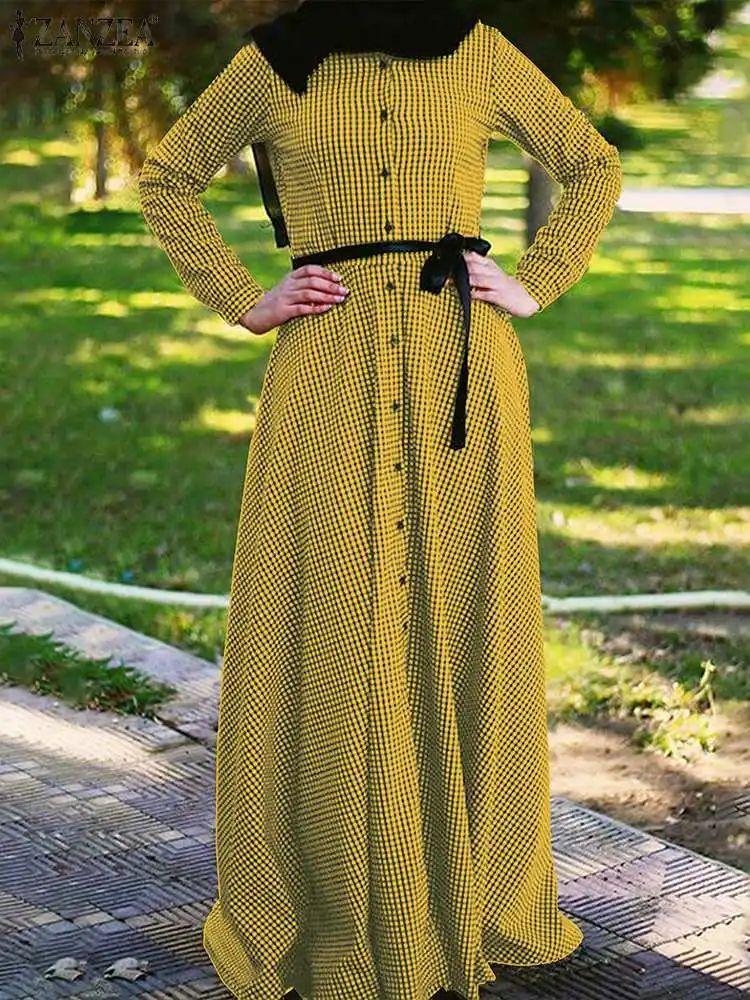 

ZANZEA Woman Muslim Islamic Check Printed Dress O-Neck Long Sleeve Dubai Abaya Turkey Hijab Robe Fashion Casual Lady Vestidos