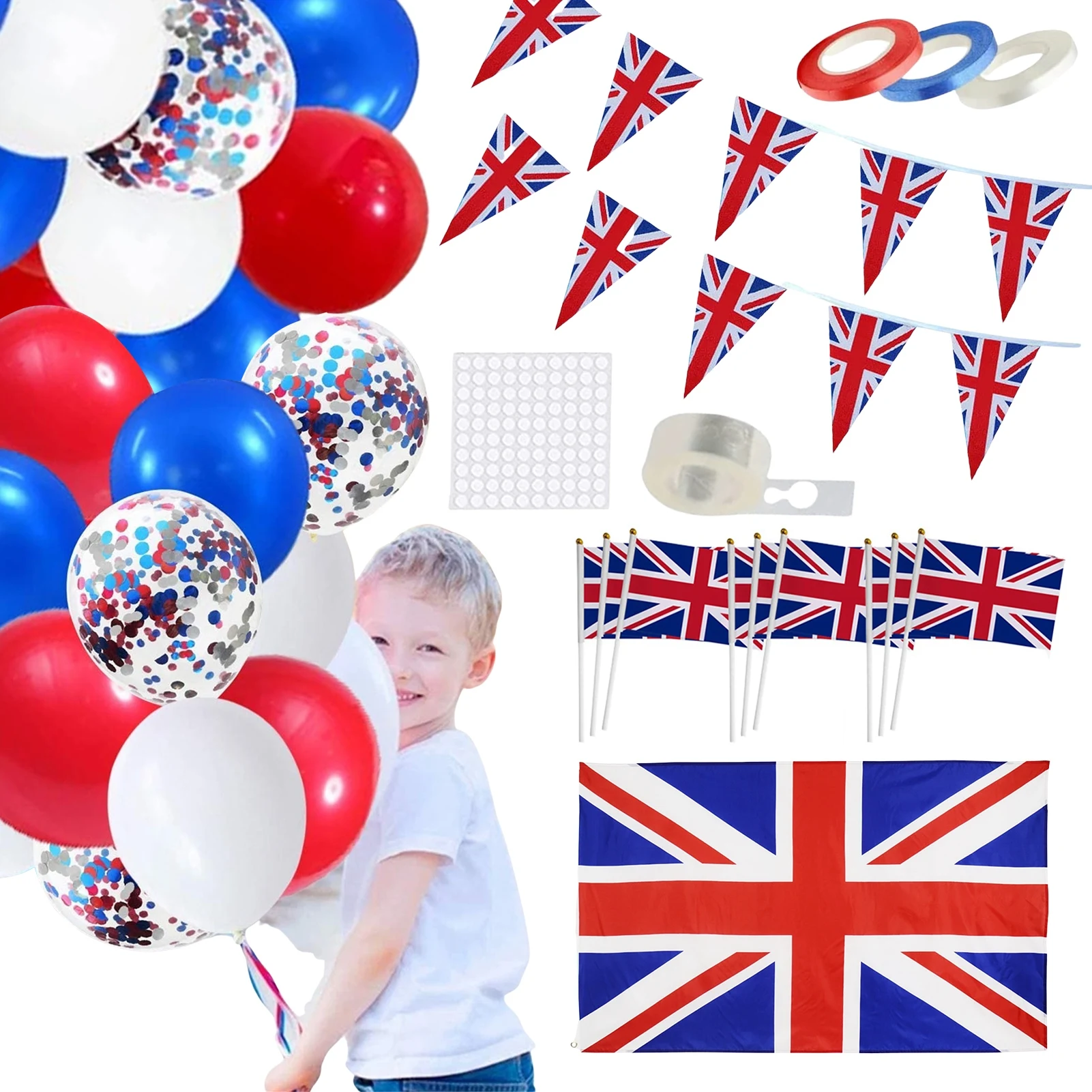 

Union Jack Flag Party Decorations Set VE Day Decorations Union Jack Party Supplies Red/White/Blue Balloons with Glue Dot VE Day