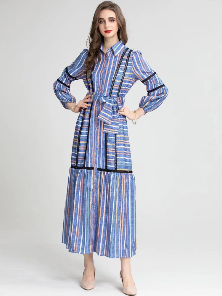 

Spring Autumn New Fashion High Quality Designer Women High Street Vintage Elegant Party Office Striped Long Sleeve Long Dress