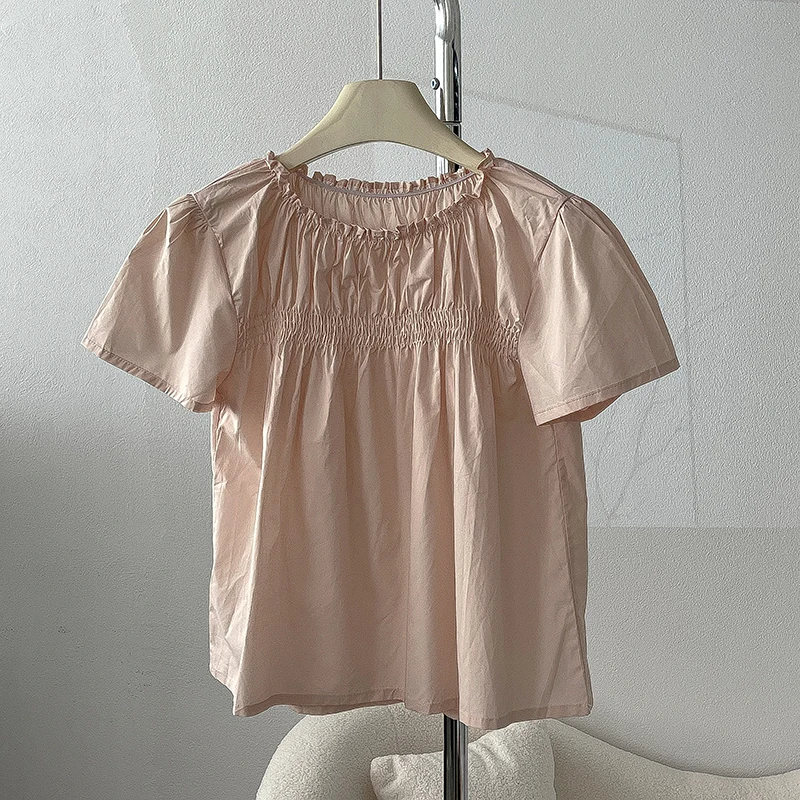 Gaganight женская однотонная рубашка с короткими рукавами Sweet Auricularia Edge O Neck новинка 2024