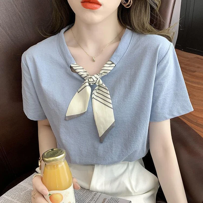 

Summer New Lacing Patchwork T Shirt Tops Short Sleeve Round Neck Loose Pullovers Casual Fashion Women Clothing