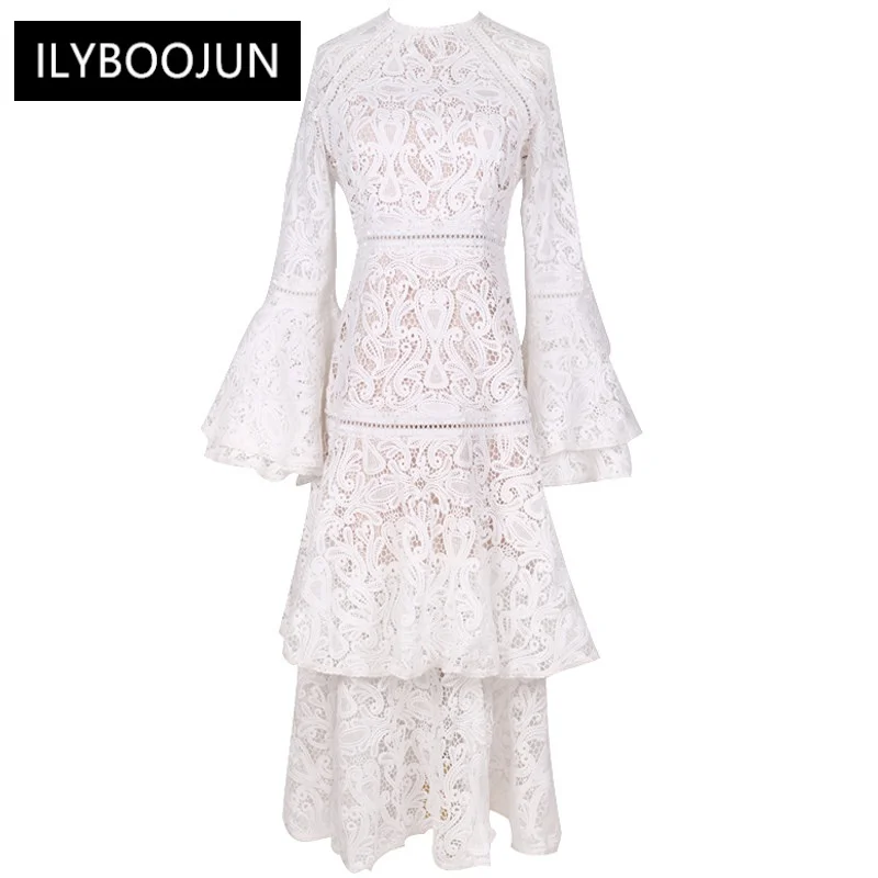 

Dresses For Women 2023 Summer Runway Luxury Brand Elegant High Quality Flare Sleeve White Lace Cascading Ruffle classy Dress