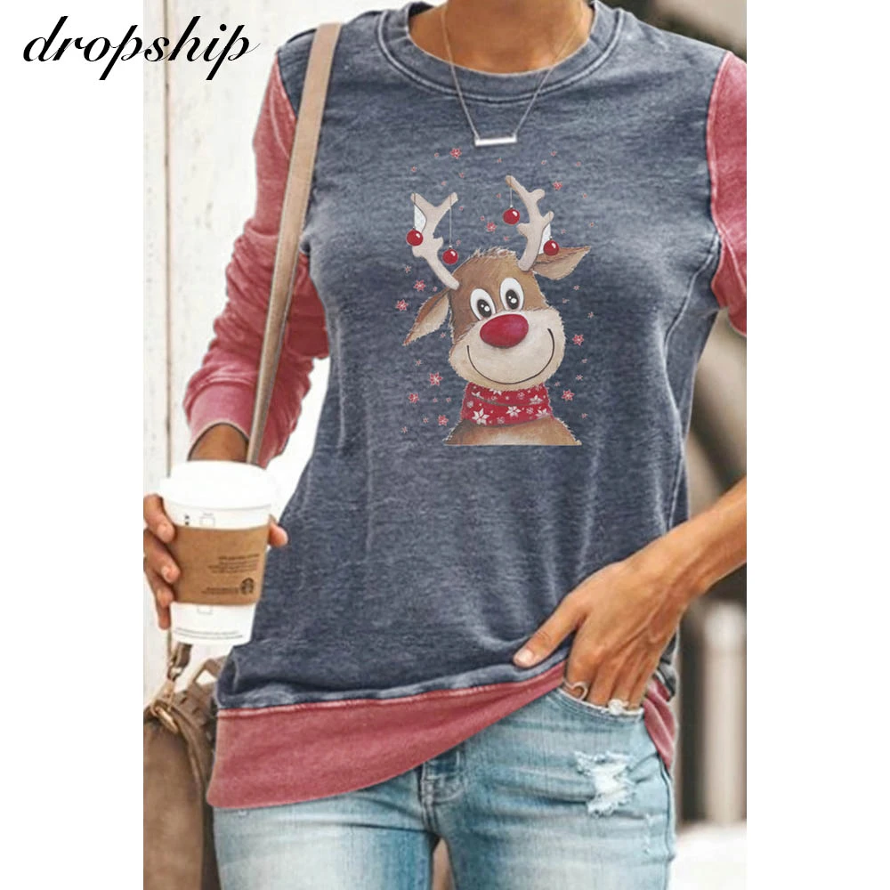 

Christmas Elk Print T Shirt Women Long Sleeve Shirt Dyed Pullover Top Tee Shirt Femme Christmas Tshirt Koszulka Damska