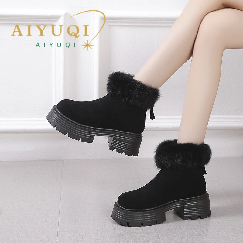 AIYUQI Snow Boots Women 2023 New Winter Fur Ankle Boots Women Plus Fleece Platform Warm English Style Chelsea Boots Shoes Women
