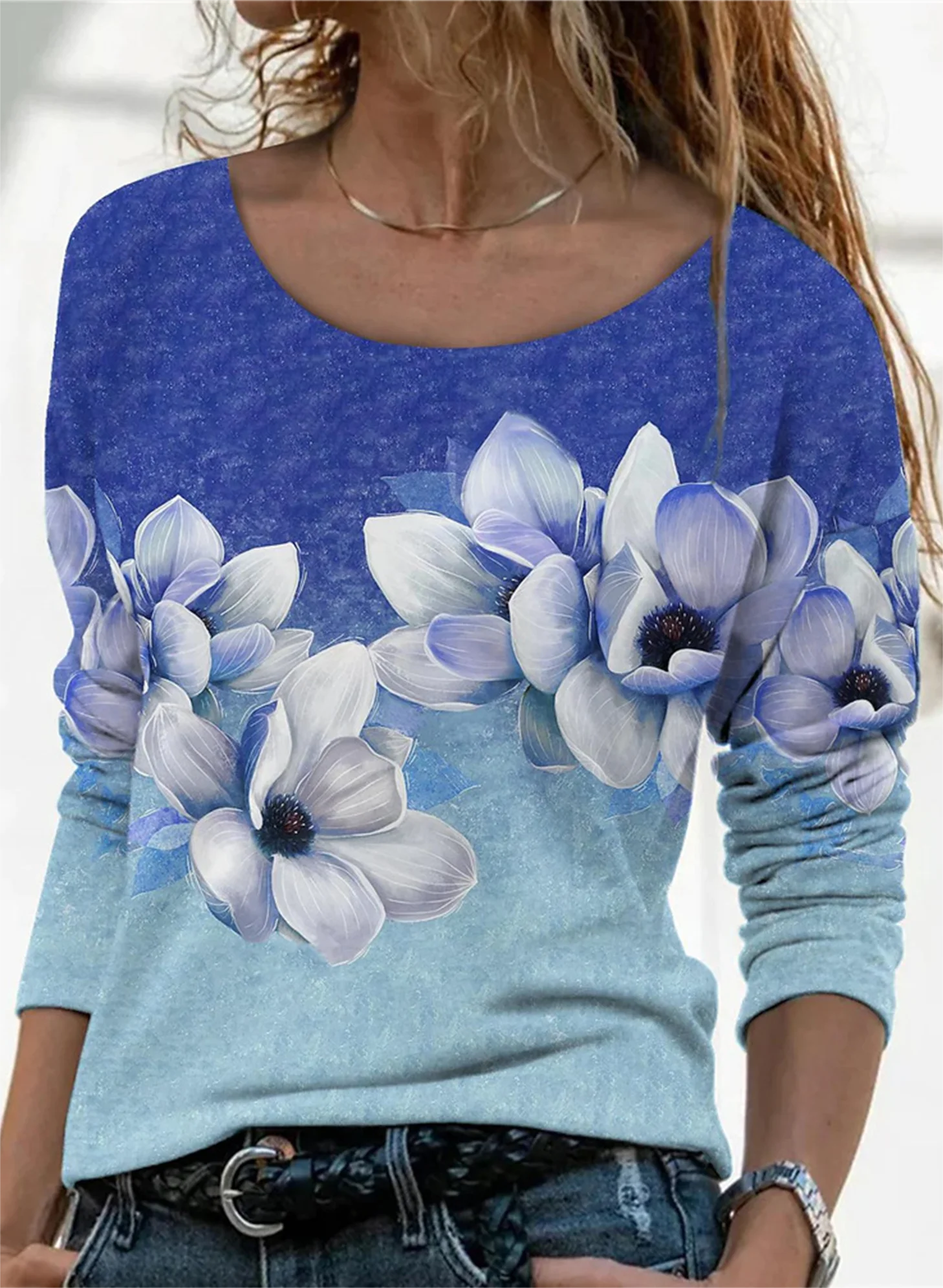 

Женская футболка с цветочным принтом, повседневный свободный Универсальный Топ с длинным рукавом и круглым вырезом, с 3D эффектом, 2023