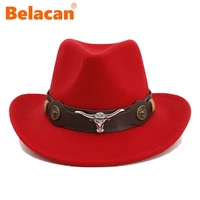 western cowboy hats for women couple jazz fedora hats belt cow head band cowgirl spring autumn wool mens felt wide brim hat new