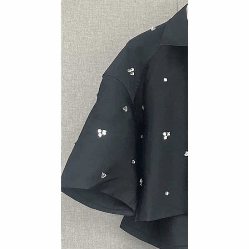 

Hand-made Rhinestones Short-sleeved Shirt / Straight Trousers Women 2023 Early Autumn New