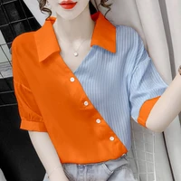 striped stitching temperament chiffon shirt new summer loose and thin short sleeved contrasting large size shirt korean version