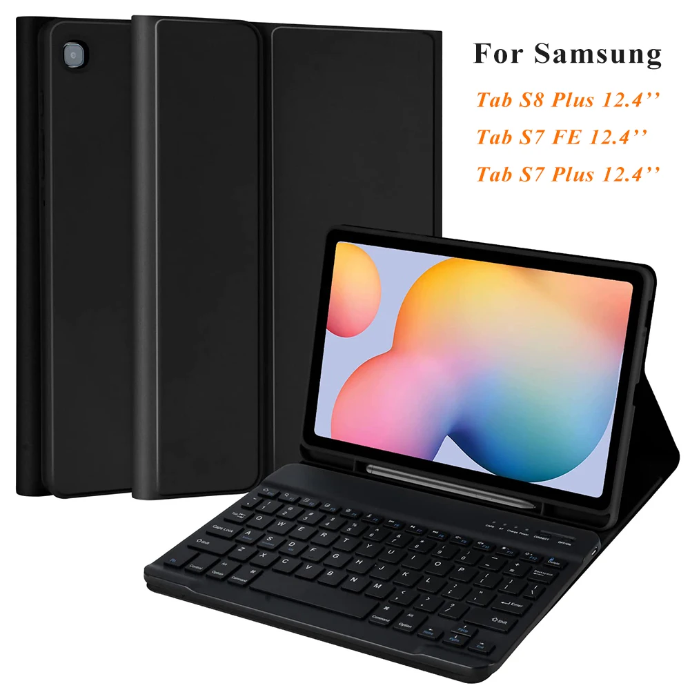 S Pen Slot Keyboard Case for Samsung Galaxy Tab S8 Plus 2022/S7 FE 2021/S7 Plus 2020 12.4 Inch with Wireless Bluetooth Keyboard