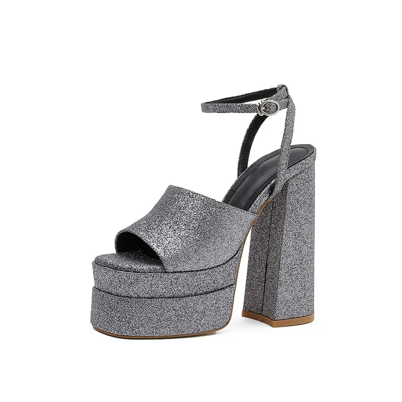 

Fashion Waterproof Platform Square Toe Thick Heel Hate The Sky High Satin Rhinestone Foot Surround Strap High-heeled Sandals