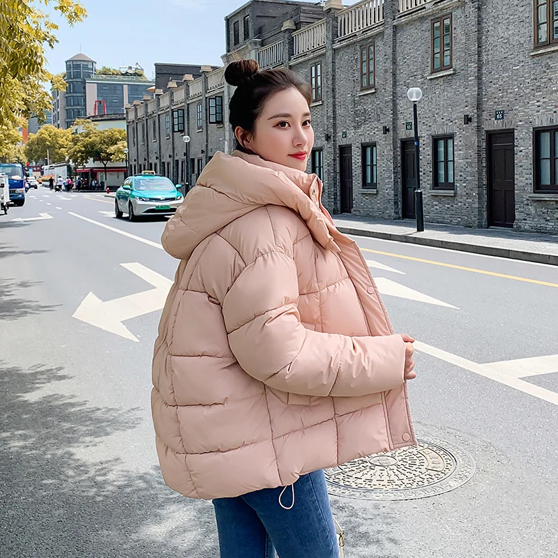 Stand Collar Solid Color Drawstring Jacket Women's Zipper Loose Cotton Coat Autumn Winter Ladies Warm Hooded Parka Coat Women