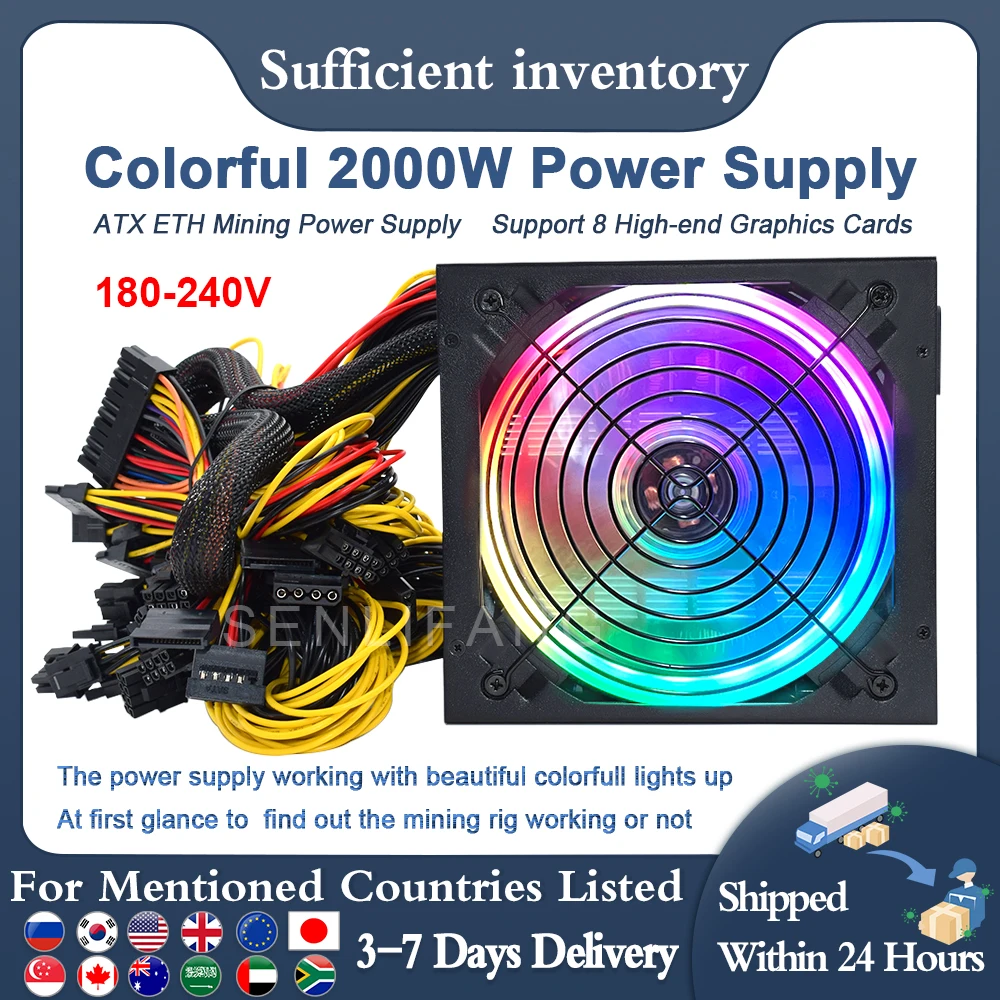 Блок питания ATX и т. Д. RVN, BTC, цветной блок питания для майнинга BTC, 2000 Вт, поддержка 8 высококлассных графических карт, GPU для ПК, PSU