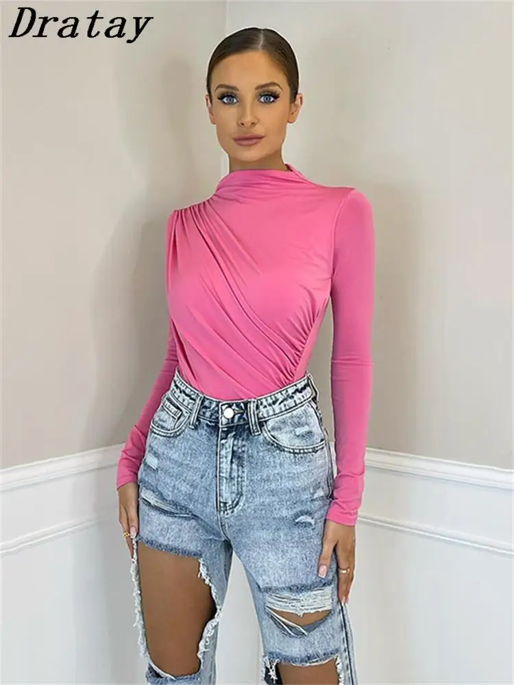 

Dratay Summer Pink Ruched Bodysuit Women 2022 O Neck Long Sleeve White Tops Female Blue Bodycon One Pieces Street Outfit