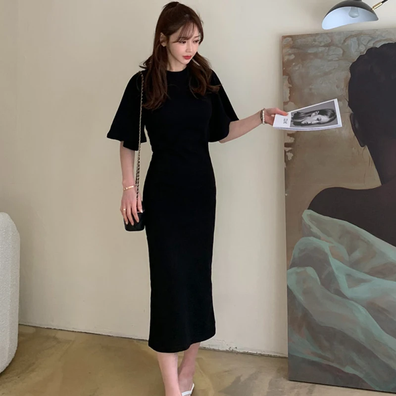 

Dresses For Women 2021 Summer Flare Sleeve Solid Knit Bodycon Office Lady Casual Midi Shirt Dresses