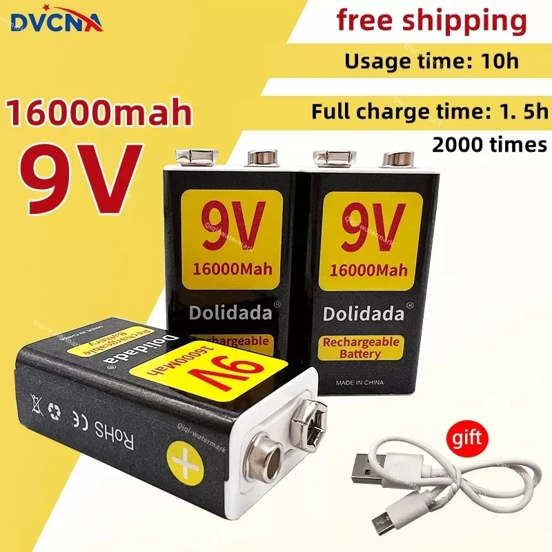 

New 9V16000mAh, rechargeable lithium-ion battery, suitable for multimeter, microphone, toy remote control+special charging cable