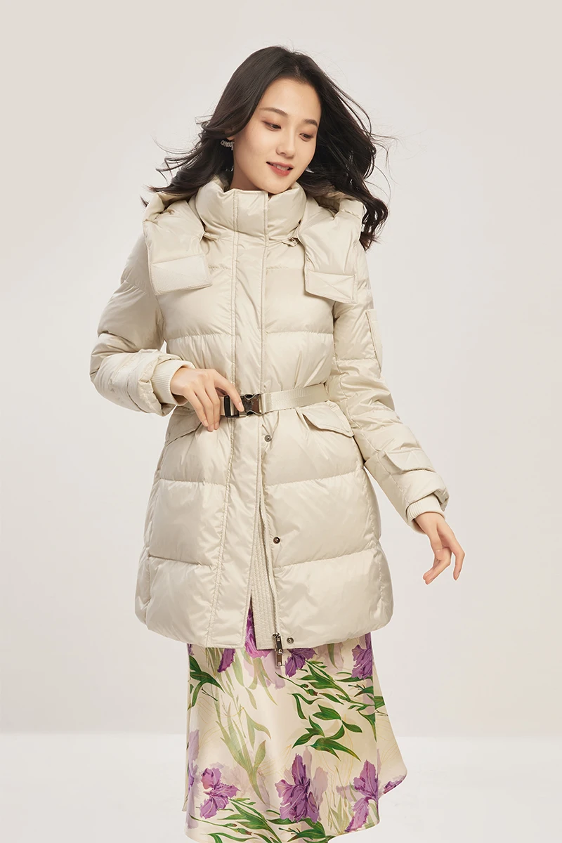 New Casaco Feminino  90%  White Duck Down  Long  Abrigo Mujer  Zipper  Wide-waisted  Adjustable Waist  Hat Detachable