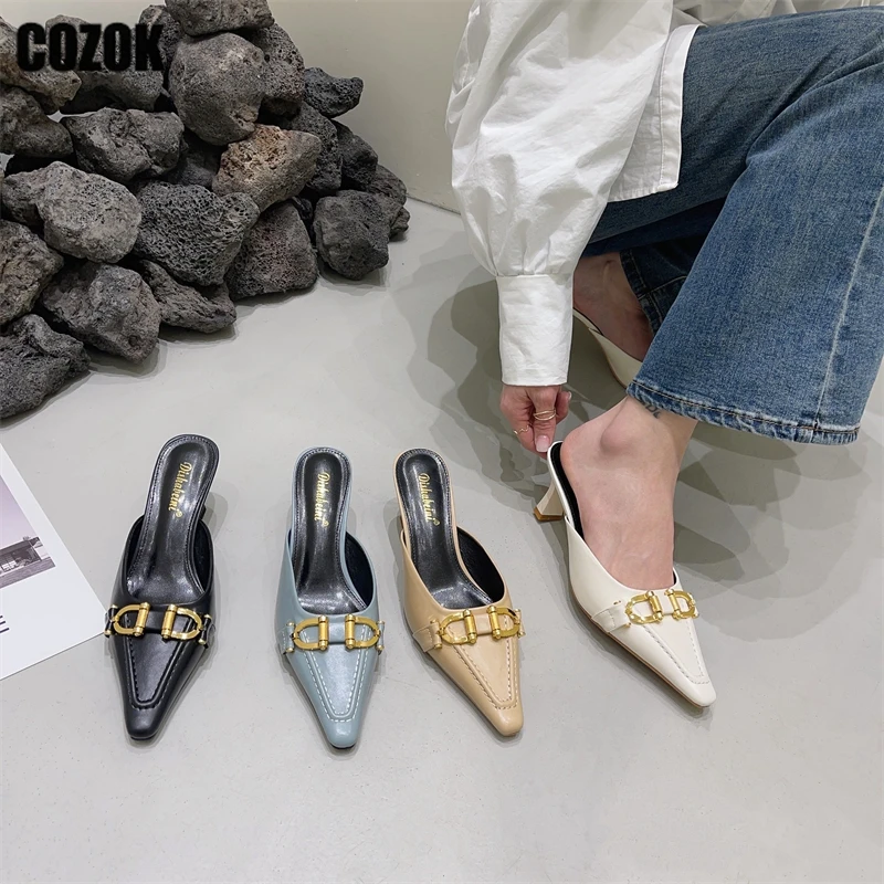 

Pointed Toe Mules Elegant Women Metal Decoration Slippers Summer 2023 Female New Dress Thin High Heels Ladies Fashion Pump Shoes