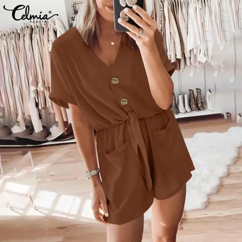 

Celmia Women Dungarees With Pockets Summer 2022 Solid Short Playsuits Fashion V Neck Short Sleeve Romper Leisure Waisted Overall