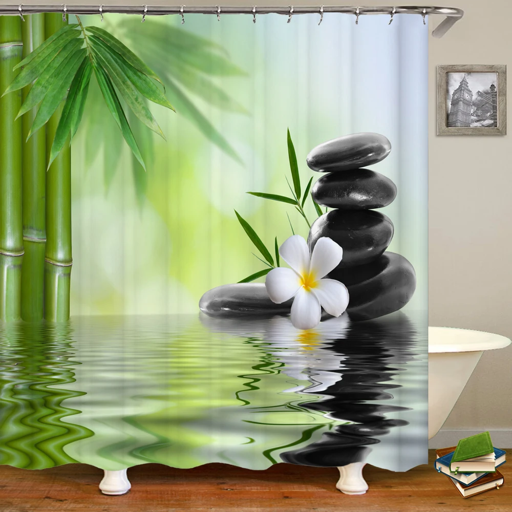 

Bamboo Leaves Spa Shower Curtain Bamboo Stalks Candle Basalt Stones Theraphy Relaxing Picture Bathroom Bath Curtains with Hooks