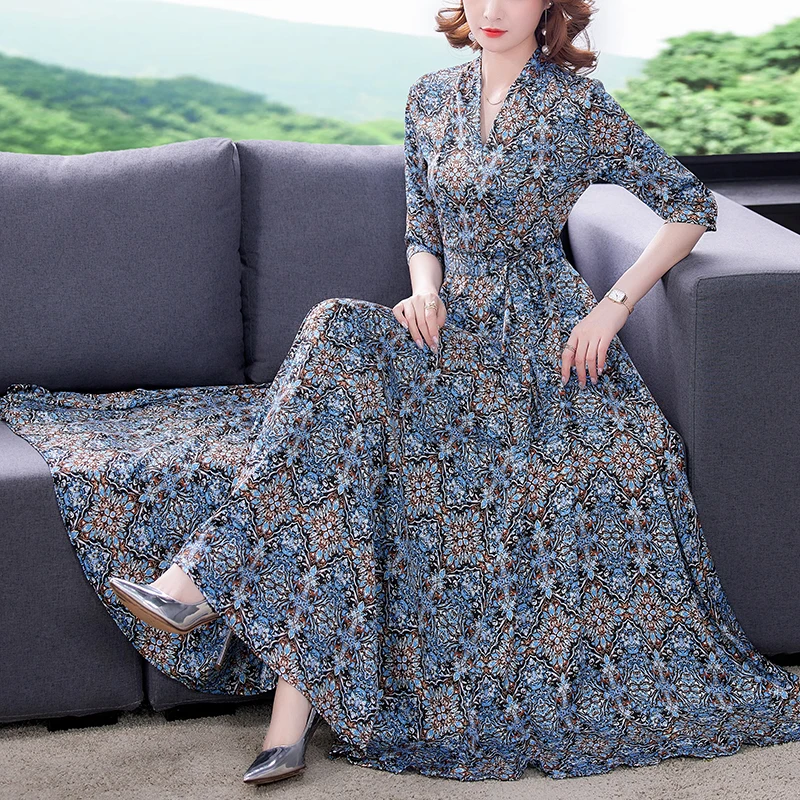 

Women Floral Chiffon V-Neck Boho Maxi Dress Spring Summer Korean Vintage Long Dress 2022 Elegant Bodycon Casual Party Vestidos
