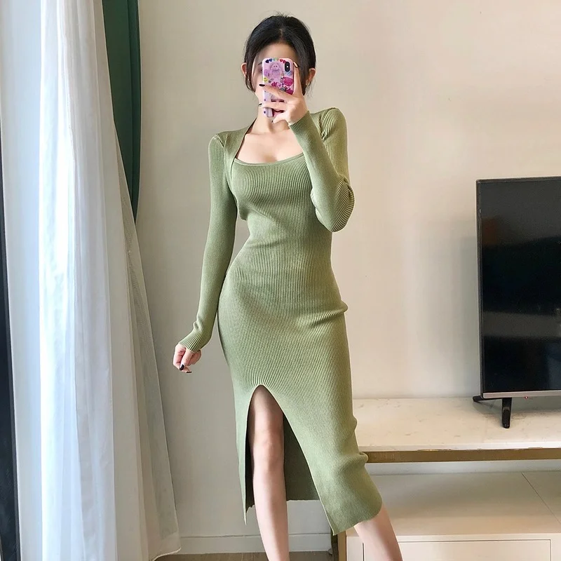 

Новое весеннее женское сексуальное платье FTLZZ с квадратным вырезом и разрезом, повседневное женское Облегающее вязаное платье, сказочное в...