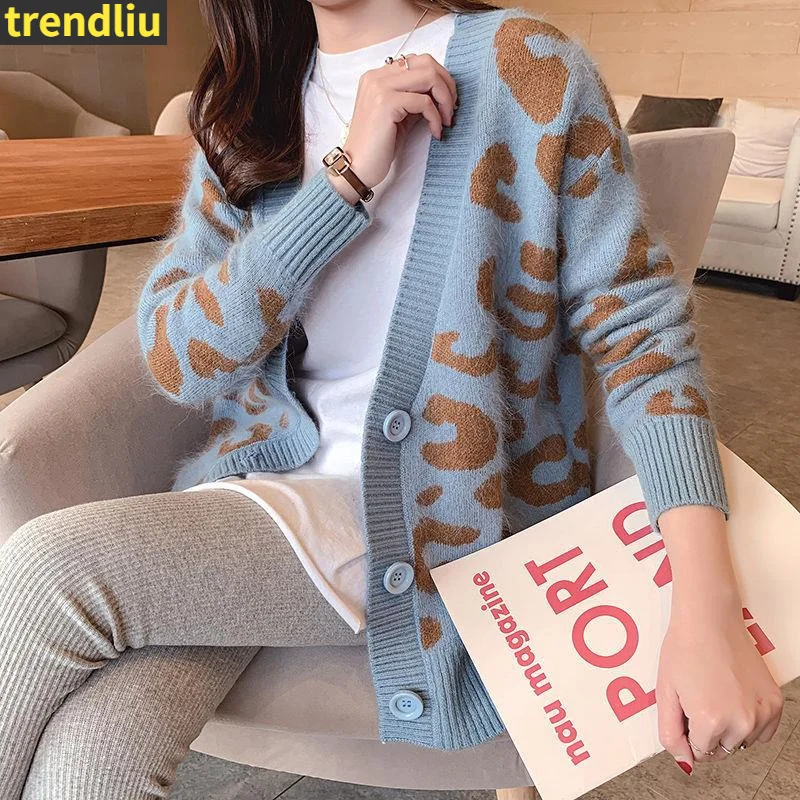 

2022 Autumn Winter Knitted Leopard Sweaters Women Korean V Neck Thick Print Cardigan Coat Loose Button Outwear