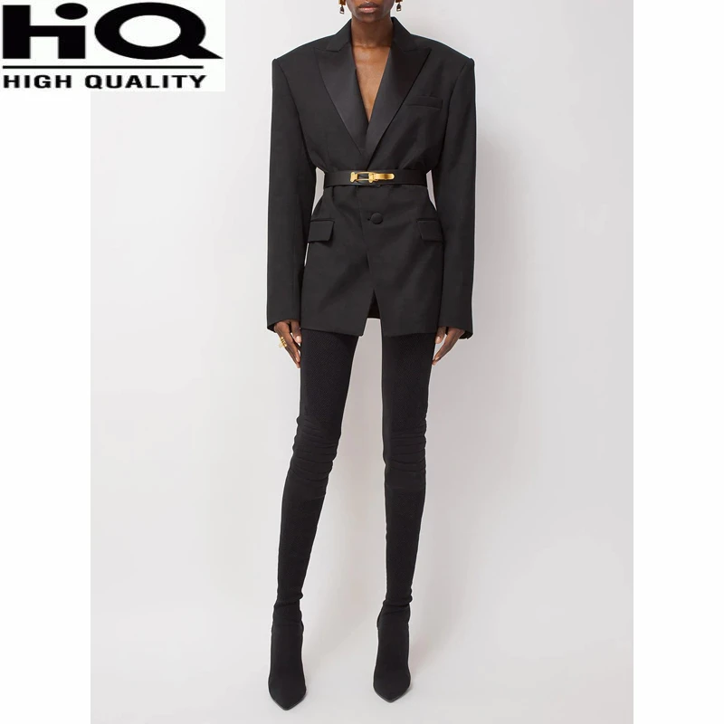 

1 Women Temperament Single Button Notched Collar Casual Black Wool Blazer Without Belt
