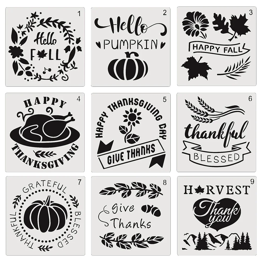 

9 Pcs Thanksgiving Hollow Out Mold DIY Drawing Stencils Plastic Template Fall Painting Templates White Pet