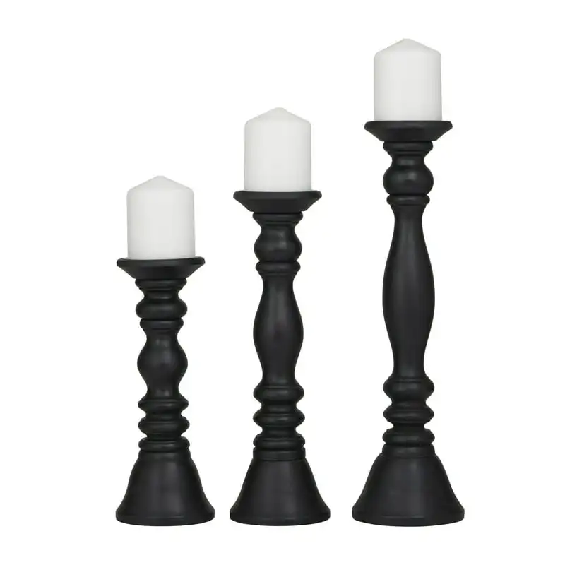 3 Candle Black Wood Turned Style Pillar Candle Holder, Set of 3