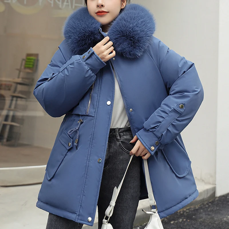 2022 Cotton Padded Fur Parka New Big Fur Collar Winter Jacket Women Thick Warm Parkas Female Outerwear