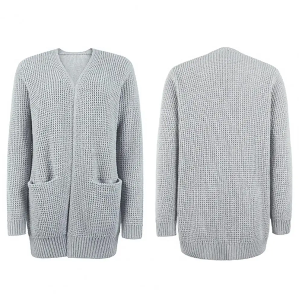 

Trendy Mid-length Coat Skin-Touching Korean Style Solid Color Mid-length Knitting Coat Pockets Windproof Sweater Coat for Party