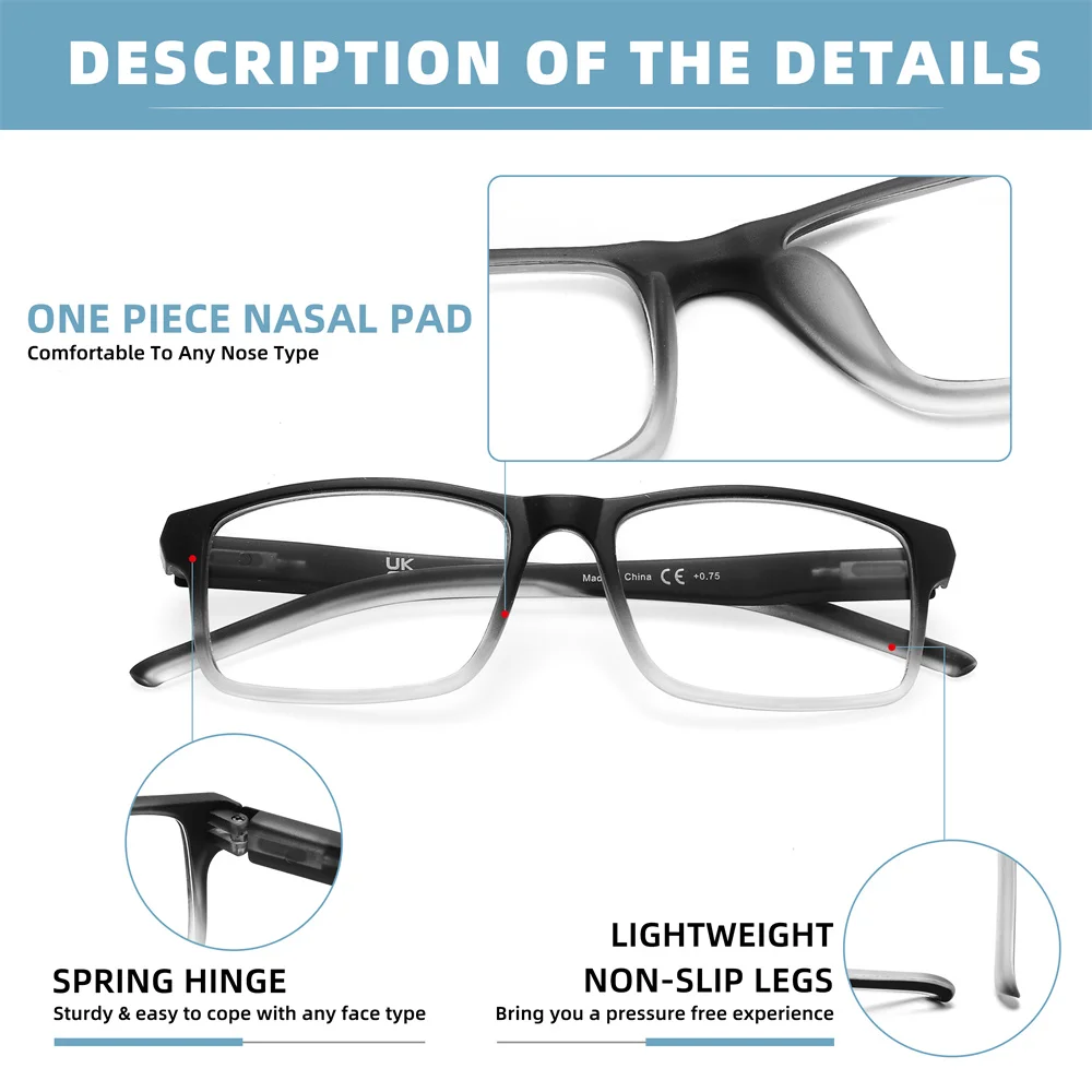 MODFANS Стильные прямоугольные мужские синие плотные очки для чтения с градиентом