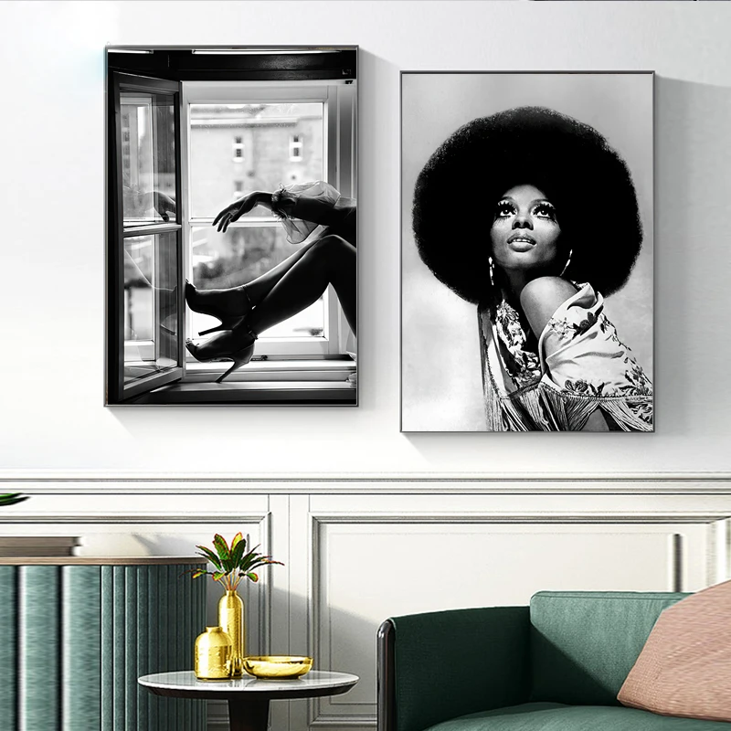 

Luxury Africa Sexy Woman Wall Art Poster Print Black and White Lipstick Camera Canvas Painting with Frame Home Decor Picture
