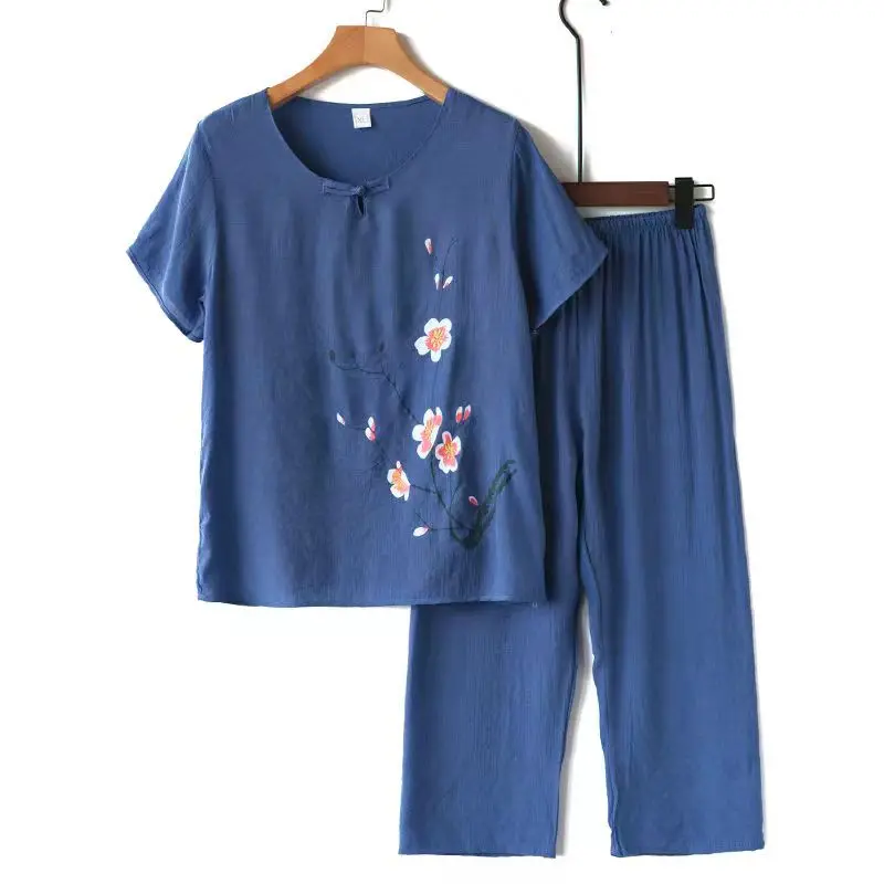

Летние женские хлопковые и льняные брюки Fdfklak с коротким рукавом, из двух частей, в горошек, футболка с цветочным принтом, женская одежда, женское платье