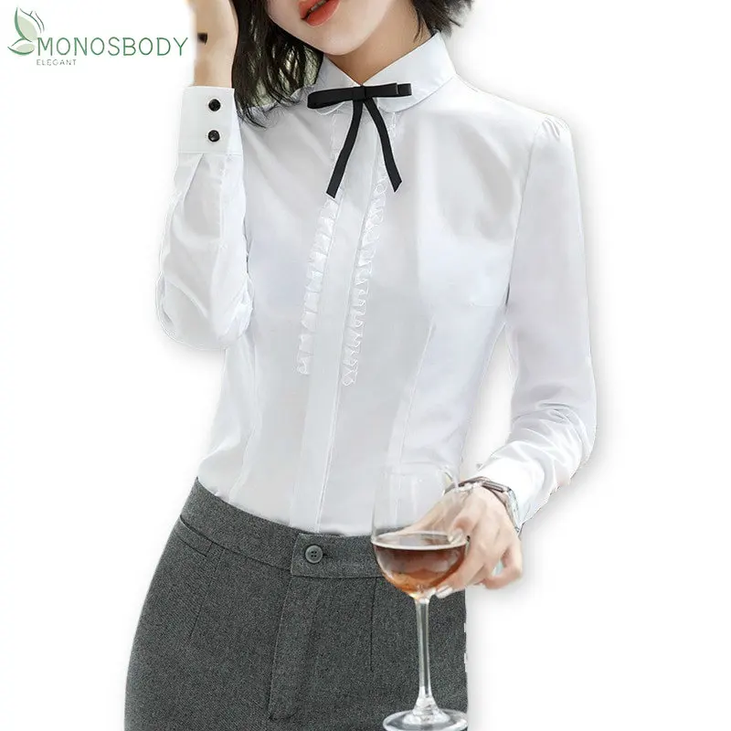 

Office Work White Shirts Women Business Lady Long Sleeve Tops and Blouses Fashion Bow Tie Lace Shirts Female 2023 New Outfits