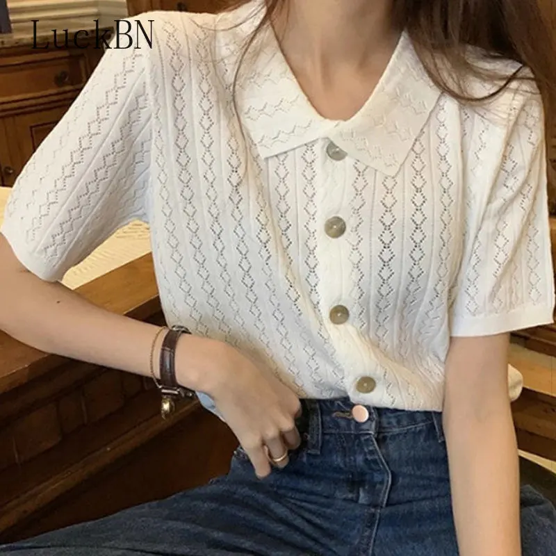 

Футболка женская трикотажная из вискозы, Элегантная Модная свободная однотонная Простая рубашка с отложным воротником и короткими рукавам...