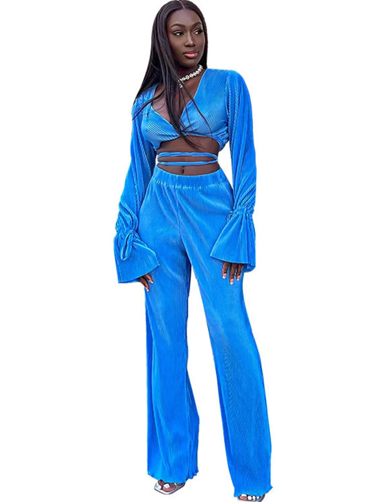 

Sexy Bandage Two Piece Clubwear Set Party Evening Flare Sleeve Short Tops And Pants V Neck Night Club Outfits For Women Sets