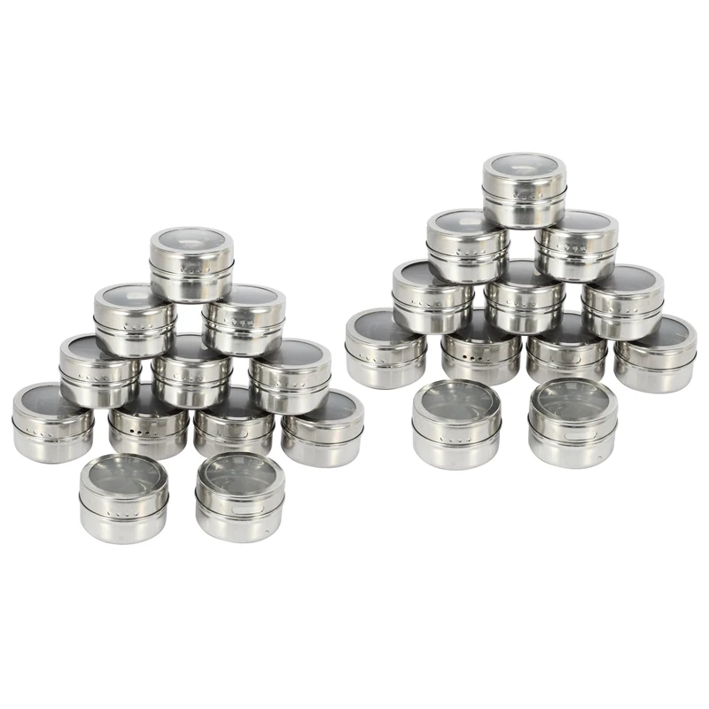 24Pcs/Set Clear Lid Magnetic Spice Tin Jar Stainless Steel Spice Sauce Storage Container Jars Kitchen Condiment Holder