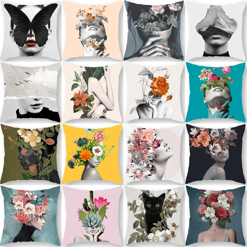 

ZHENHE Watercolor Girl Flower Pillow Case Home Decoration Cushion Cover Bedroom Sofa Decor Pillow Cover 18x18 Inch（45x45cm）