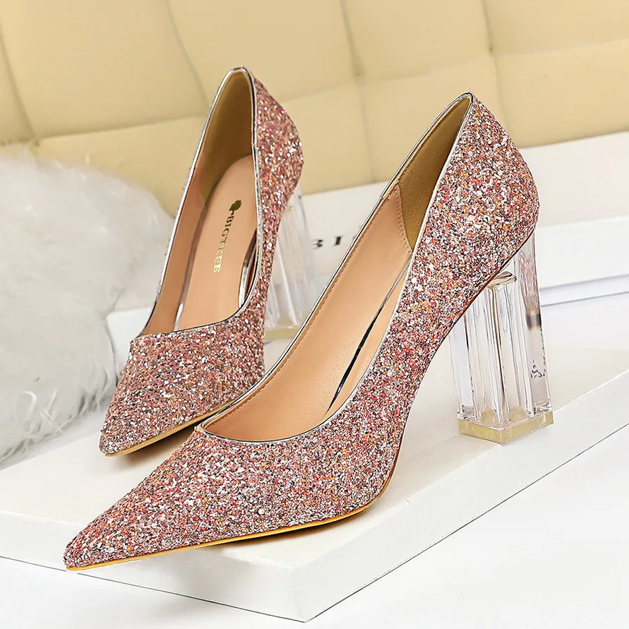 Large Size Women's Pumps Transparent Crystal High-heeled Shoes Shallow Mouth Pointed Nightclub Shining Sequin Single Shoes