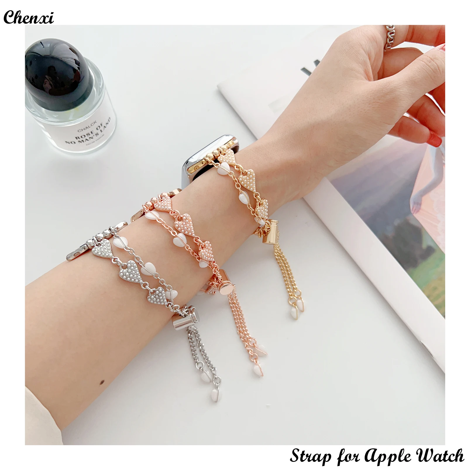 Enlarge Fashion jewelry strap for Apple watch band love pearl chain for iwatch87654321SE Ultra 40 41 42 44 45mm women ornament bracelet