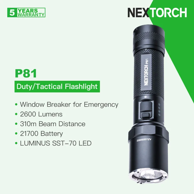 

Nextorch P81 Rechargebale LED Duty/Tactical Flashlight with 21700 Battery, 2600 Lumens 310m Beam, Window Breaker for Emergency