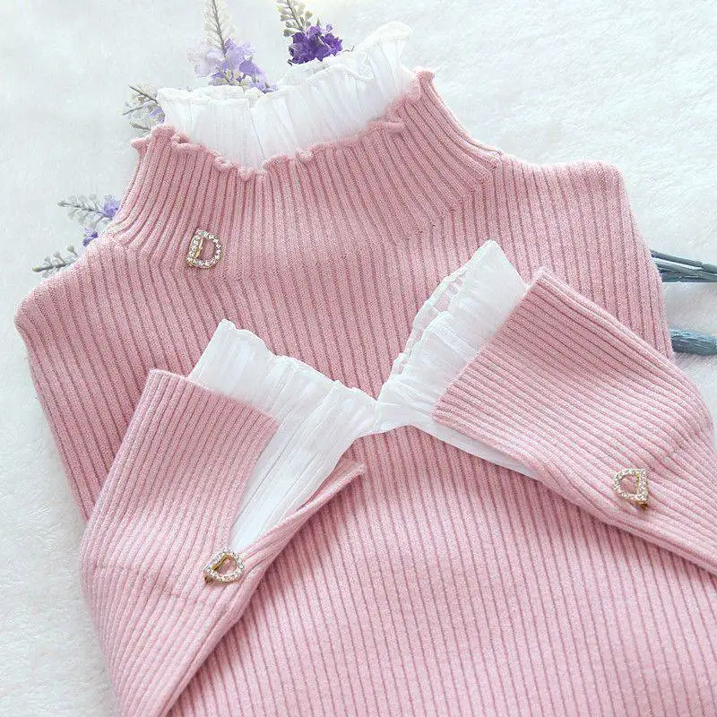 

2022 Autumn Winter New Half Turtleneck Fake Two-piece Pullover Head Fungus Collar Bell Sleeve Knitted Sweater Women