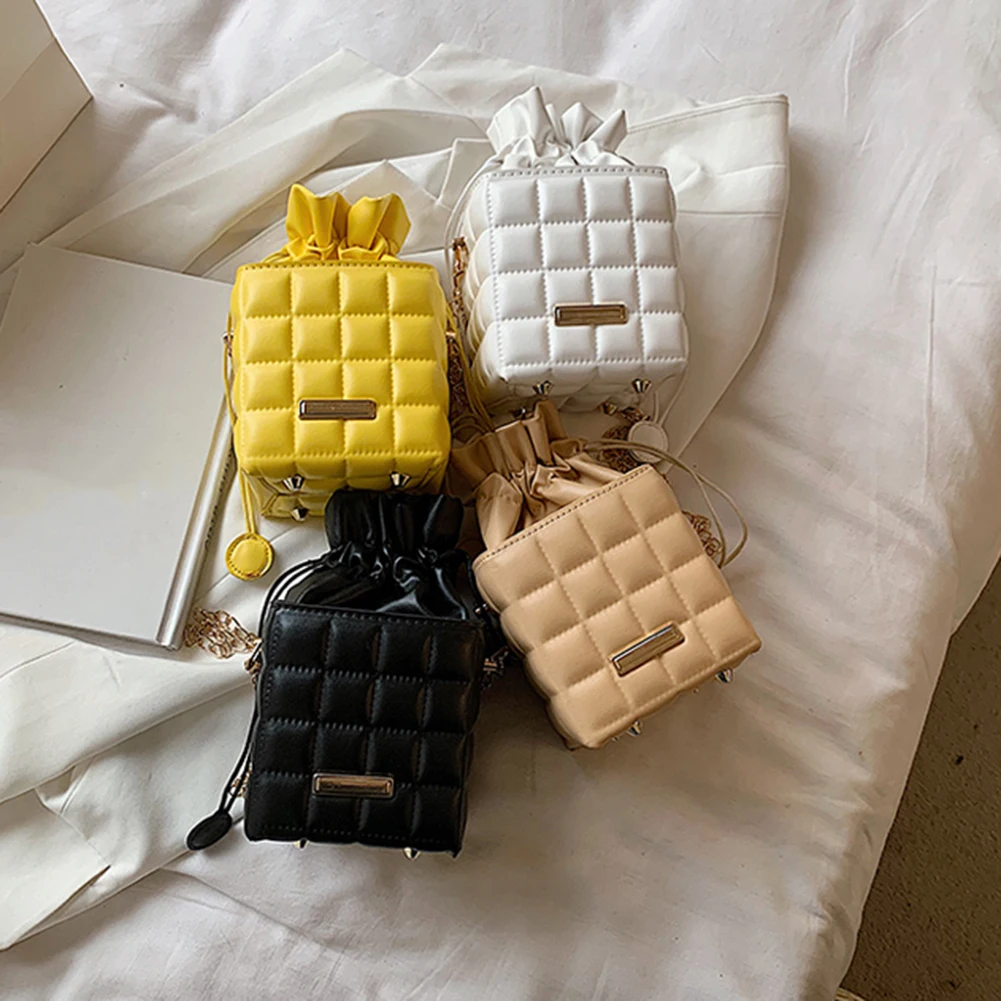 

Fashion Women PU Bag Checker Cube Shoulder Solid Color Drawstring Crossbody Vintage Small Shoulder Ladies Messenger Bag